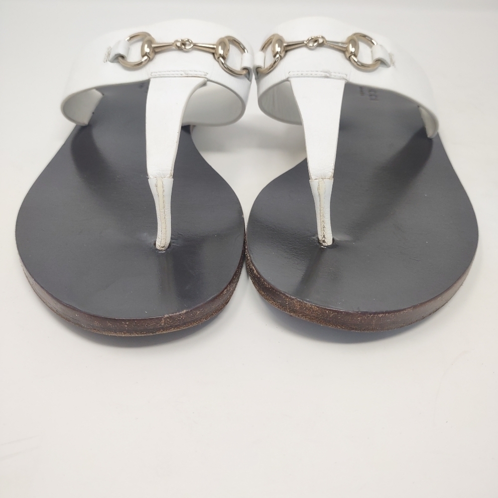 Gucci 37 Marcy horsebit thong sandals white leather flip flops flats - Picture 7 of 12